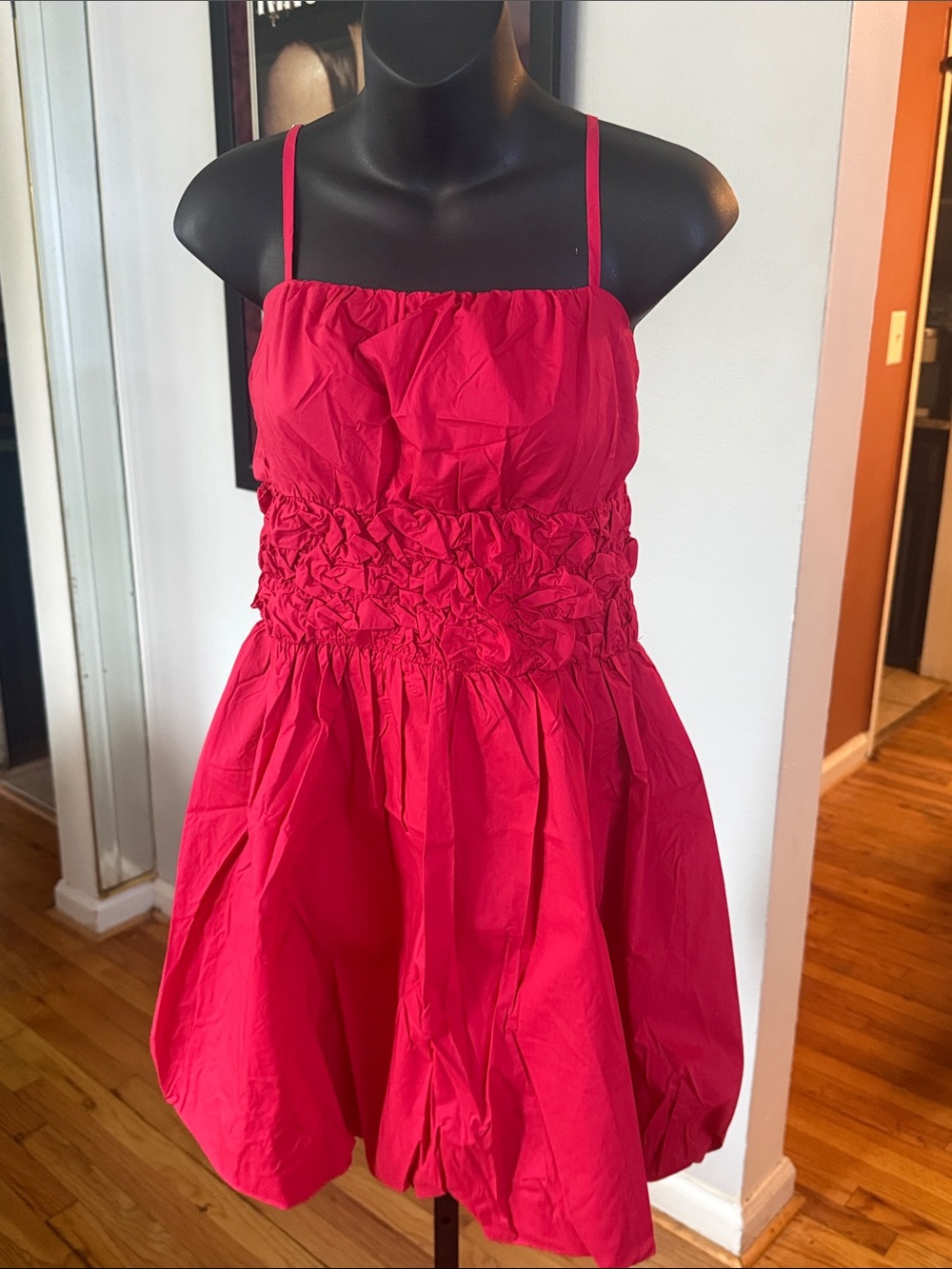 Strappy Ruched Waist Bubble Hem Dress by PINCH - Red